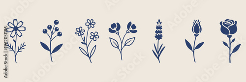  simple flowers, line art collection, hand drawn botany, minimalist floral, plant and leaf doodles, decorative elements set, black outline style

