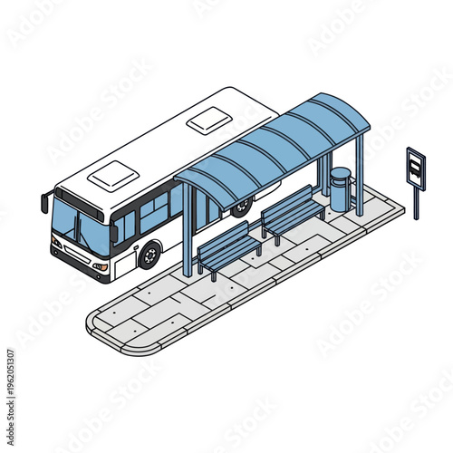 Isometric Bus Stop Scene with Bus and Shelter.