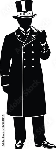 Black and white silhouette of a vintage gentleman wearing a top hat and long overcoat while smoking a tobacco pipe