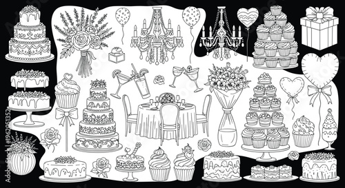 Black and white line art vector set of wedding party elements featuring tiered cakes cupcakes flowers chandeliers balloons and cocktails