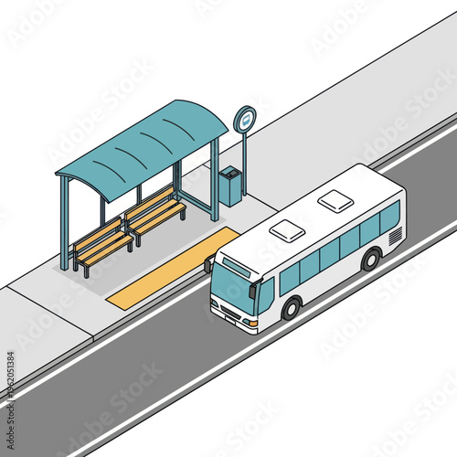 Isometric Bus Stop Scene with Bus and Waiting Area.