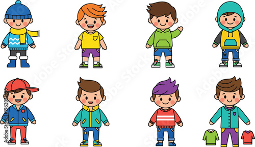 Cute cartoon boys characters collection with different outfits hairstyles and casual clothing in colorful flat vector illustration set
