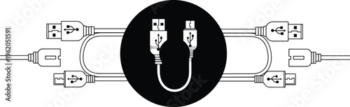 Black and white vector illustration of various USB power cables and connectors including micro USB and standard type A plugs