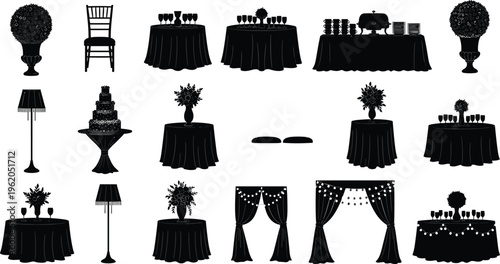 Black silhouette vector icon set of wedding and event furniture including banquet tables chairs catering equipment flowers cake and curtains