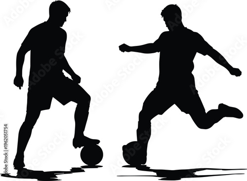 Black silhouettes of two soccer players in action playing football with balls and ground shadows isolated on white background surface