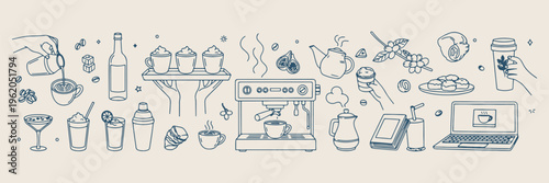 Coffee shop icons, cafe culture doodles, espresso machine illustrations, morning ritual graphics, barista tools symbols, hot beverage sketches, breakfast meeting elements
