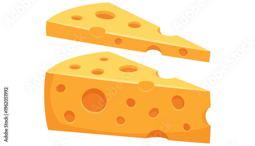 Two cartoon style wedges of Swiss cheese featuring characteristic holes and bright yellow coloring presented on a clean white backdrop food dairy food and drink gourmet delicious