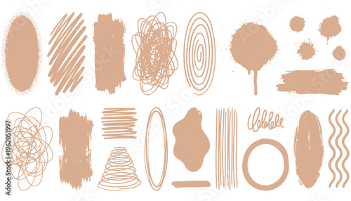 A collection of beige abstract shapes and scribbles including brush strokes dots lines circles and organic forms 189 characters doodle grunge texture ink splash smudge stain