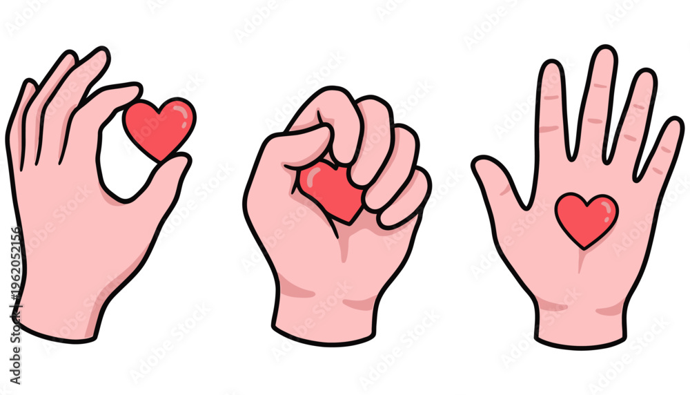 Fototapeta premium Three stylized pink human hands in different poses each displaying a small red heart symbol representing care and connection love compassion kindness emotion gesture holding