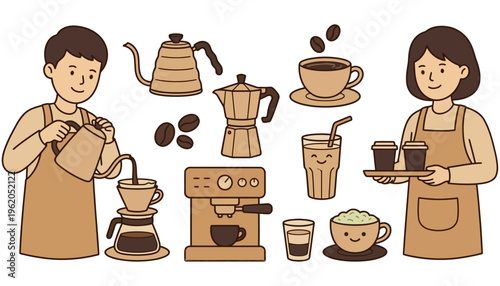 Cartoon illustration of coffee making process with baristas coffee machines kettles cups and coffee beans in warm brown tones espresso moka pot pour over latte cappuccino