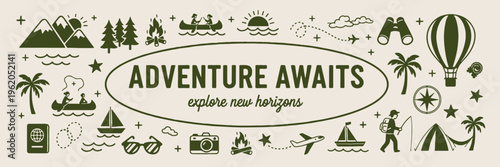 venture away, explore new horizons, line art illustration, hand drawn adventure, nature trail, forest hike, outdoor activities doodles

