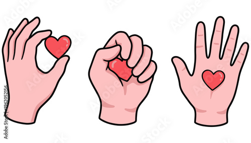 Three stylized pink human hands in different poses each displaying a small red heart symbol representing care and connection love compassion kindness emotion gesture holding