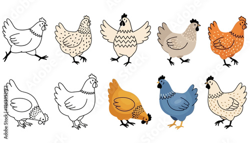 A collection of ten stylized cartoon chickens and hens in various poses and colors rendered in a charming hand drawn illustration style poultry fowl bird farm farmyard animal