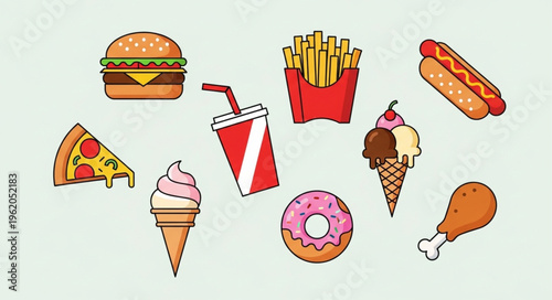 Assortment of Unhealthy Fast Food Items Illustration.