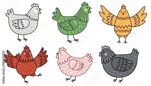Six whimsical hand drawn chickens in various colors and poses depicted with simple lines and charming textures hen fowl poultry farm animal domestic bird bird rustic farm