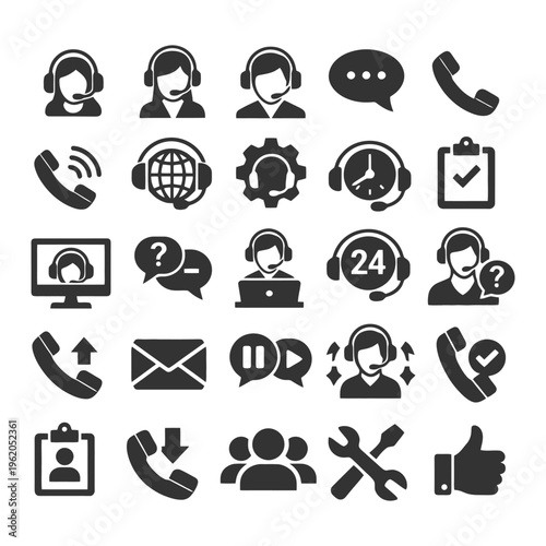Customer service support icons set - contact, communication, help, teamwork, assistance.