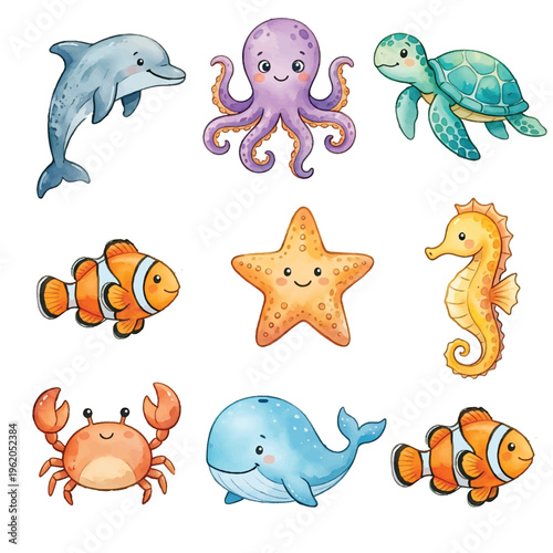 A cute cartoon set of sea animals including fish, dolphin, shark, octopus, crab, turtle, whale, and starfish in a playful underwater ocean scene