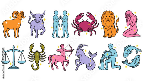 A colorful collection of twelve zodiac symbols depicted as stylized illustrations of animals and human figures in a bright modern design astrology horoscope signs Aries Taurus