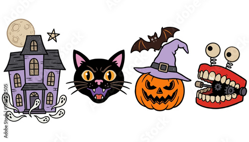 A collection of four spooky Halloween illustrations featuring a haunted house with ghosts a black cat a jack o'lantern with a bat and a chattering set of teeth jack o lantern