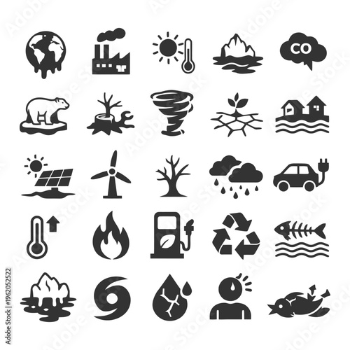 Environmental icons: climate change, pollution, renewable energy, conservation, global warming.