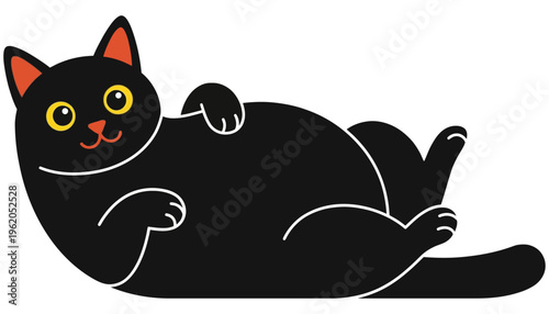 A cute black cartoon cat with yellow eyes and orange ears lies on its back playfully showing its belly and paws black cat animal lying feline pet domestic illustration drawing