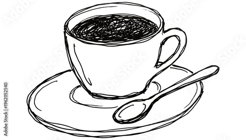 Simple hand drawn sketch of a coffee cup filled with dark liquid and a spoon resting on its saucer rendered in black ink on white drink hot beverage caffeine breakfast morning