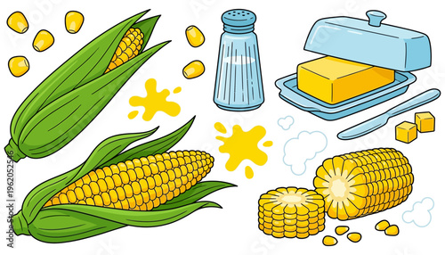Freshly harvested corn on the cob with butter salt shaker and scattered kernels depicted in a cartoon style maize ear of corn corn kernels cutlery knife food yellow green