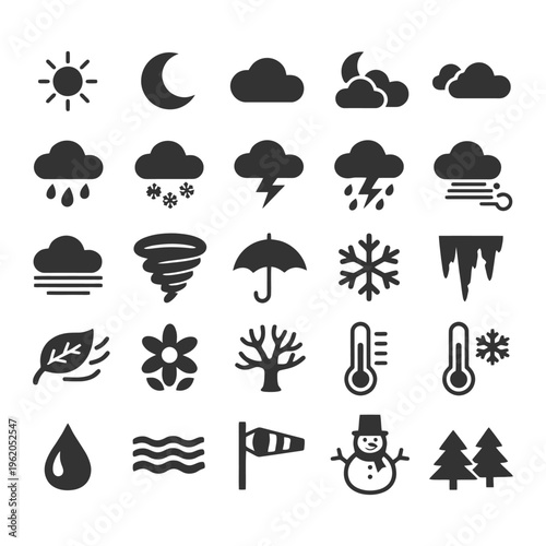 Weather icons set: sun, moon, clouds, rain, snow, wind, storm, temperature.