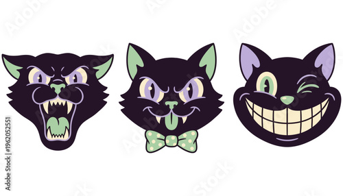 Three distinct cartoon black cat heads with varied expressions one roaring with fangs one looking sly with a bow tie and one winking with a wide grin animal feline illustration