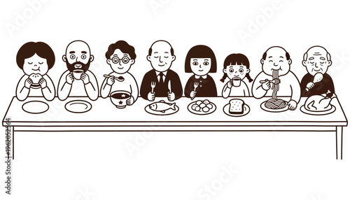 A diverse family enjoys a meal together with each member savoring different foods like a burger soup fish noodles and roast chicken A family dinner scene depicted with line art