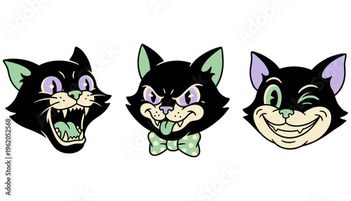 Three cartoon black cat heads depicted with different playful and mischievous expressions and stylized features rendered in a retro aesthetic with pastel accents vintage illustration