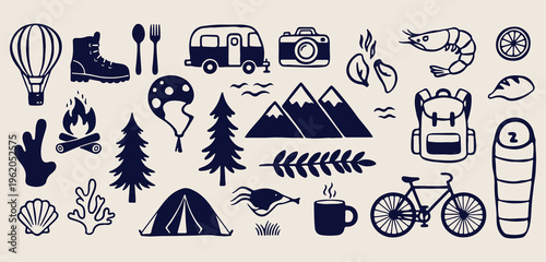 Camping and hiking icons, outdoor adventure doodles, mountain exploration illustrations, nature travel graphics, survival equipment symbols, wilderness holiday sketches, forest recreation elements
