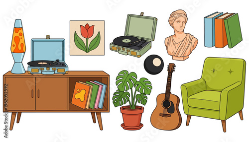A collection of retro home decor items including a lava lamp record players artwork books a bust a potted plant a guitar and an armchair vintage turntable vinyl painting tulip