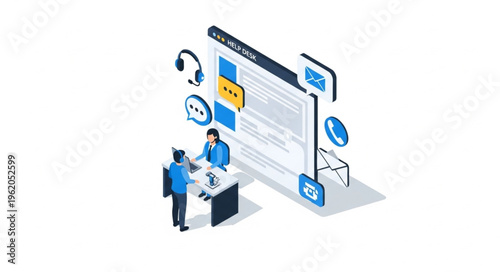 Isometric Customer Service Illustration - Two Agents Assisting Customers Online.