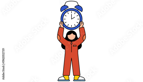 A person wearing a red jumpsuit and yellow socks holds a blue alarm clock above their head with outstretched arms showing clock hands The simple flat illustration features clean lines and