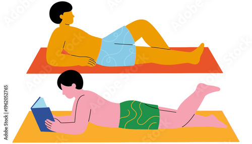 Two stylized figures in swim trunks relax on colorful mats one sunbathing and the other reading a book on a bright white surface relaxation summer leisure beach man male person