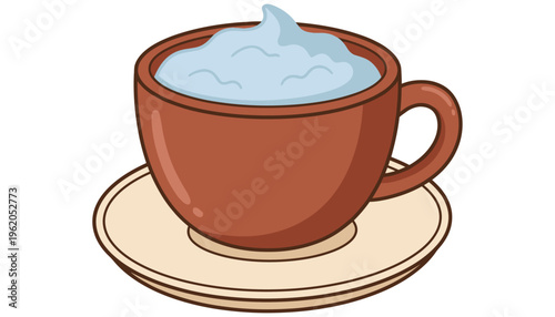 A brown ceramic cup filled with light blue whipped cream sits on a matching saucer presented in a simple cartoon style dessert sweet food creamy dairy topping drink beverage