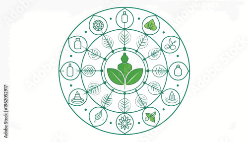 Green Leaf Icon with Surrounding Symbols and Icons.