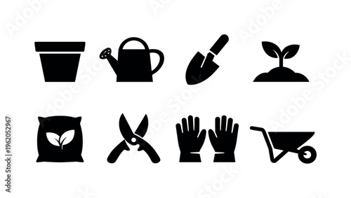 Home gardening: plant pot, watering can, garden shovel, seedling sprout, fertilizer bag, pruning shears, garden gloves, wheelbarrow.