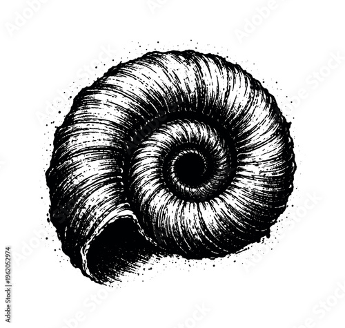 A detailed seashell spiral shown in direct frontal view, centered so the coiled form expands outward in a tight logarithmic spiral, filling most of the frame