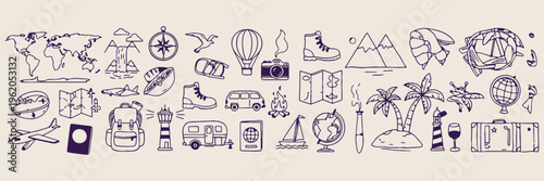 retro style, line art illustration, camping icons, outdoor adventure doodles, vintage vector set, travel and nature elements, hand drawn camping 