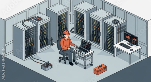 Server Room Technician Troubleshooting with Laptop and Tools.