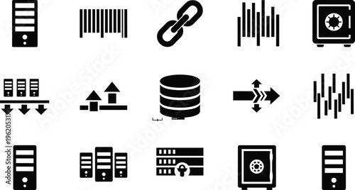 Vector icon set of data server storage database security safe barcode and network connection symbols for information technology and computing