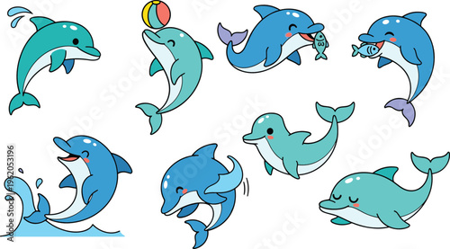 Cute cartoon dolphins collection with playful ocean animals jumping swimming and smiling in flat vector marine life illustration set