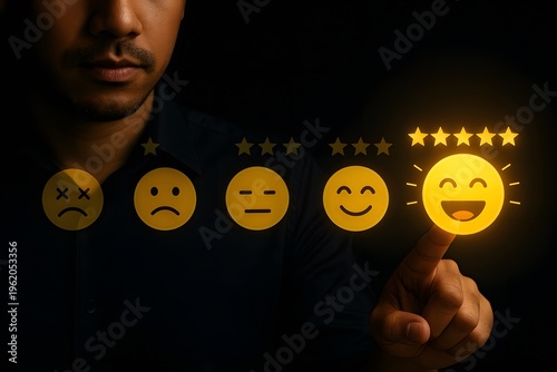 User selecting five star satisfaction icon on feedback scale, highlighting experience, sentiment analysis, and service quality