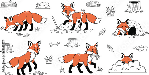 Fox life activities set cartoon wild animal hunting digging hiding walking carrying food forest scene vector illustration collection