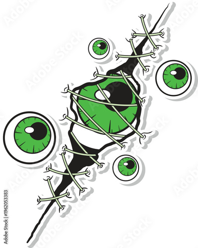 Quadro em tela Creepy Stitched Wound Vector with Multiple Green Monster Eyes