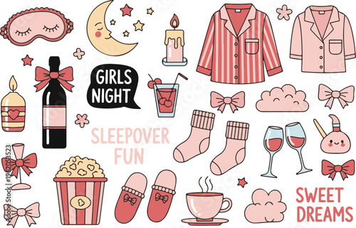Pajama Party Doodle Elements Sleepover Girls Night Routine, Illustration Cartoon Collection