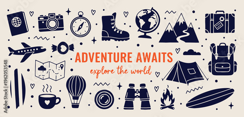 Adventure travel doodles, hand drawn camping icons, wanderlust outdoor elements, mountains and hiking sketches, scout badges collection, travel journal clipart, minimalist line art set**
