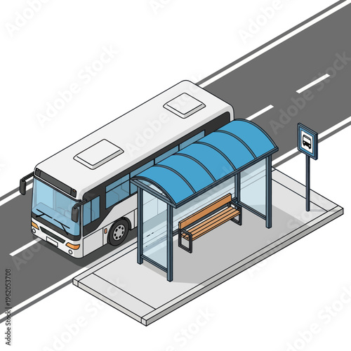 Isometric Bus Stop Scene with Bus and Shelter.